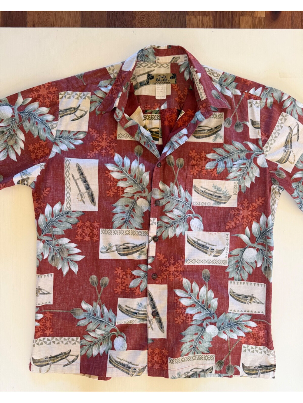 VTG Two Palms Hawaiian Aloha Shirt Outrigger Canoes Reverse Print Made USA M
